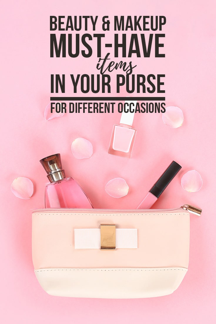 Purse with beauty products.