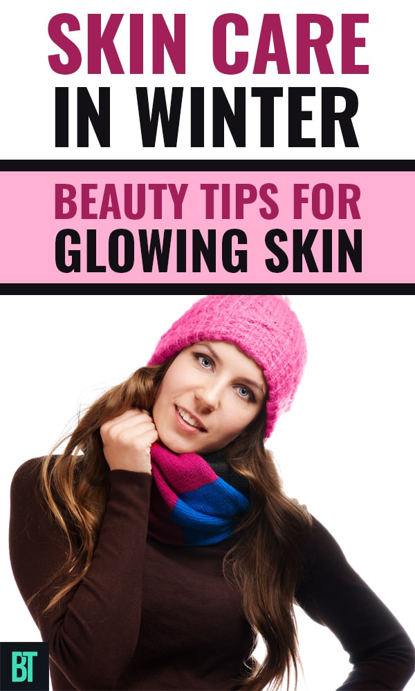 Beautiful woman with glowing skin in winter.
