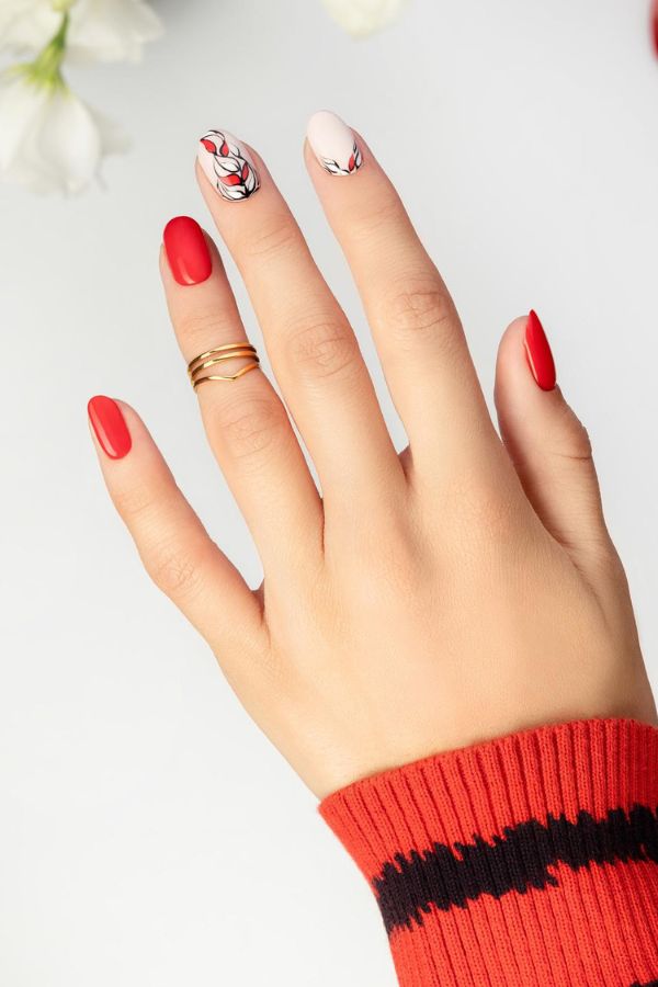Vibrant Red with Floral Elegance Nails
